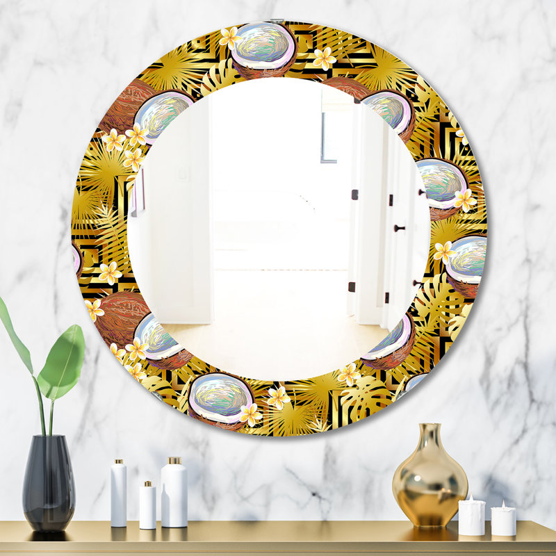 Miroir d'appoint tropical avec noix de coco et fleurs, H 23,6 po x l 23,6 po