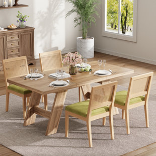 Modern Farmhouse Rectangle Dining Set for 4-6, Retro Wooden Kitchen Table and Chairs with Linen Rattan Chair for Dining Room, Apartment