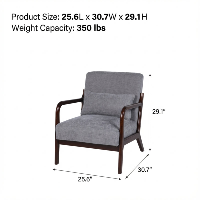 Fauteuil moderne avec structure en bois massif et coussin lombaire amovible, Gris foncé antique, Brun