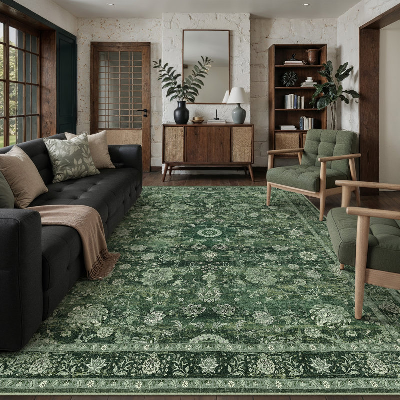 Patty Oriental Green Vintage Area Rug With Non-Slip Backing, Rectangle 8' x 10'