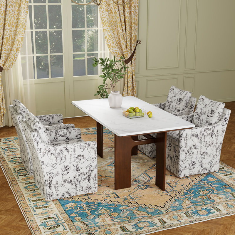 Dining Set Mid-Century Modern Wooden Table & Upholstered Chair Set For Home, Kitchen, Dining Room, 5 Pieces: Table, 4 Chairs