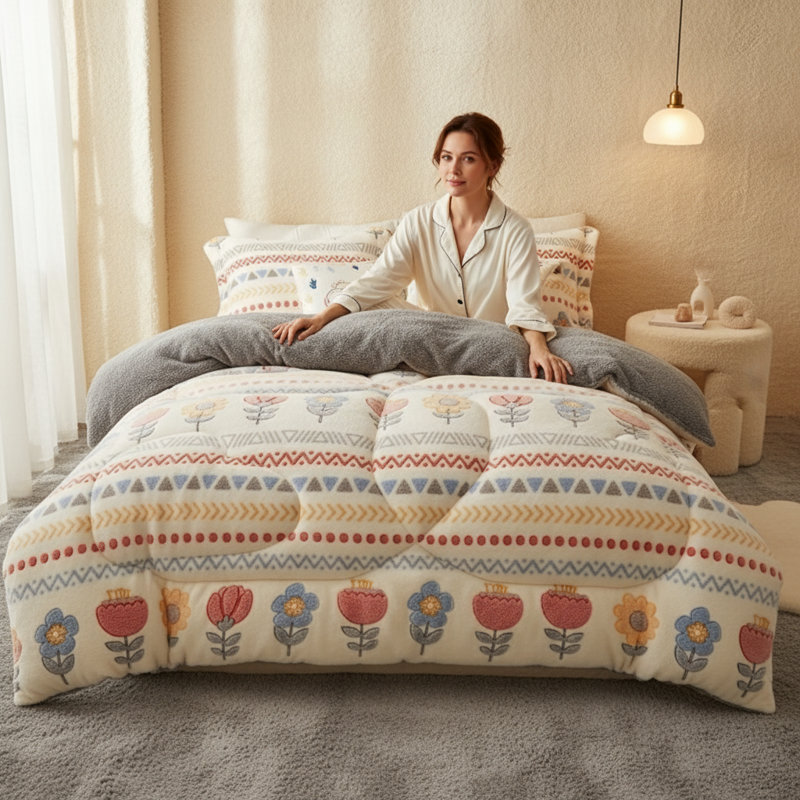Édredon en molleton Bohémien à motif floral moelleux - literie chaleureuse ultra-douce avec motif réversible, 90 x 90 pouces