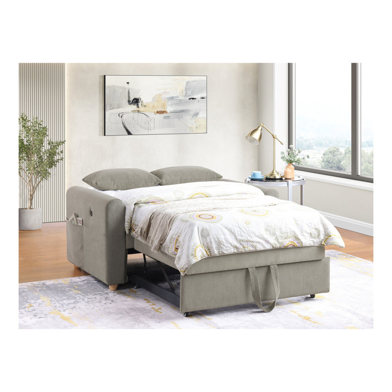 Causeuse convertible en velours côtelé l 55 po Marielle avec ports USB, poches pour magazines et coussins Marielle, Gris