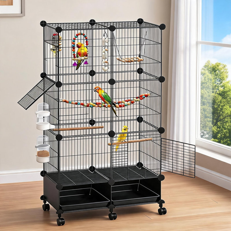 Grande cage à oiseaux avec biberons et perchoirs, 132 cm, noire, Black