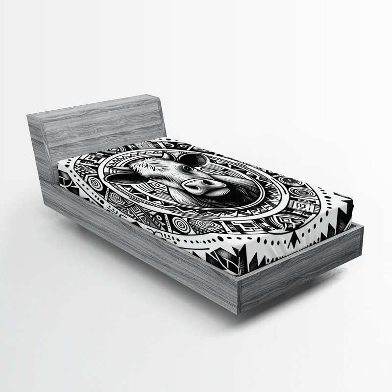 Drap-housse rustique Ambesonne_ Art de croquis de vache du Sud-Ouest_ Gris anthracite et blanc, Drap-housse de taille simple
