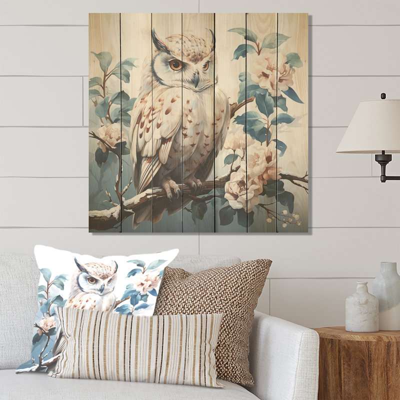 Owl Blooms Perch I - Owl Animal On Wood Print, 25" H x 25" W