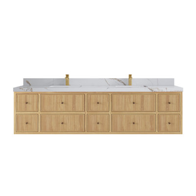 Sonoma Solid Floating Teak 84 In. W X 22 In. D Double Sink Bathroom Vanity In Light Natural With 2 In. Calacatta Gold Quartz -  Willow Collections, SON_TK_FLT_LNT_CA_GL_84