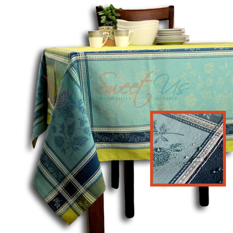 Wipeable Stain Resistant Polytetrafluoroethylene Coated French Provencal Jacquard Cotton Floral Tablecloth, Blue/Green