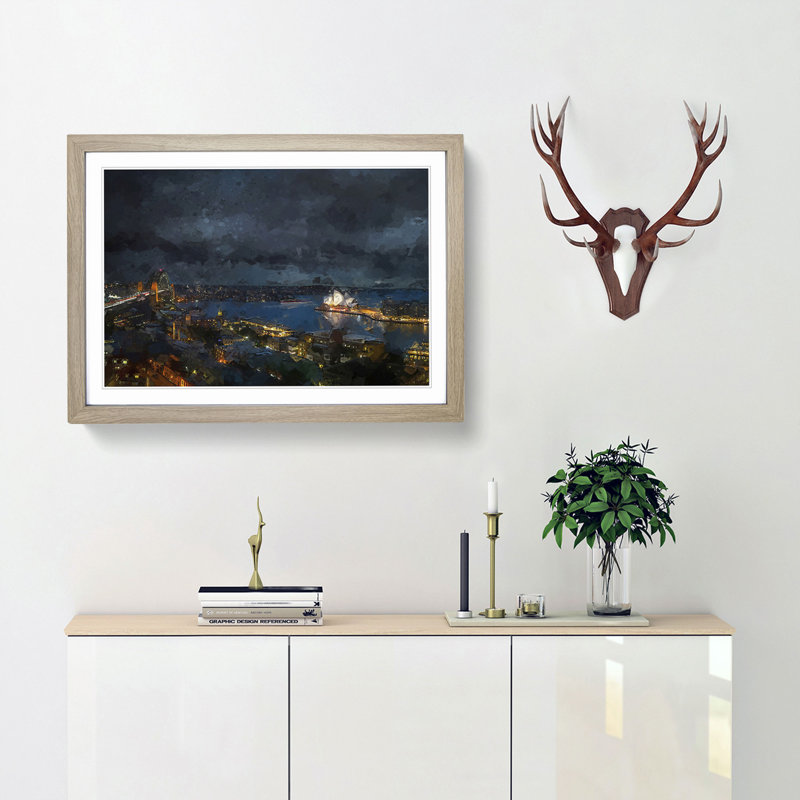 Sydney Skyline at Night in Abstract - Picture Frame Graphic Art Print, Oak Framed, 27cm H x 36cm W x 2cm D
