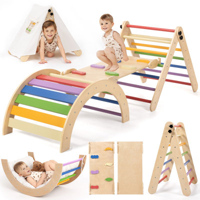Ensemble triangulaire Pikler avec tente et coussin, ensemble d'escalade Montessori, jouets d'escalade en bois, avec arche, rampe, échelle, gymnase intérieur pour tout-petits
