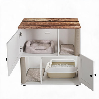 Dual‑Compartment Wooden Cat Litter Box Enclosure for 2 Cats, Modern Farmhouse End‑Side Table with 2 Scratch Mats & 2 Scratch Posts, Ventilated Pet Washroom Cabinet