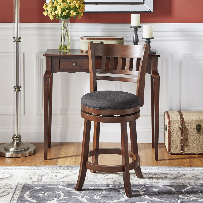 Amerah Swivel Upholstered Counter Stool with Solid Wood Frame, Dark Cherry, Dark Gray Linen