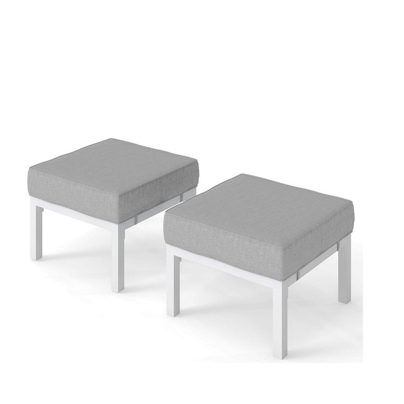 Set Of 2 24" Aluminum Patio Ottomans With Light Gray Cushions, All-Weather Footrests, White