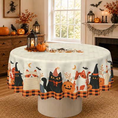 Mignonne nappe d'Halloween, chat noir effrayant et housse de table citrouille, nappe d'automne à carreaux Buffalo, décor de salle à manger d'automne