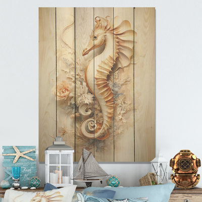 Beige Magical Seahorse - Seahorse Wood Art On Natural Pine Wood