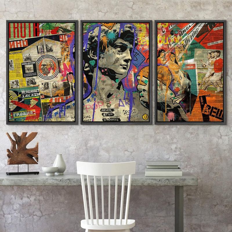 Peinture en aérosol Michelangelo David Graffiti et art urbain, art moderne coloré, portrait urbain, 3 pièces, Noir