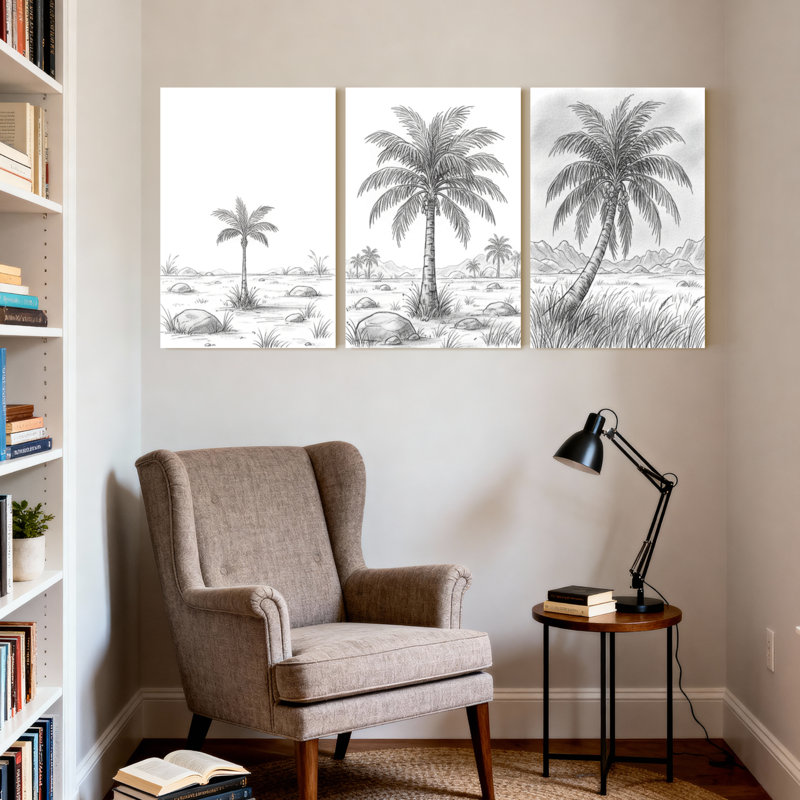 Palmiers, palmiers, paysage désertique, reflet, scène d'eau, ensemble de 3 impressions sur toile, H 30 po x l 60 po