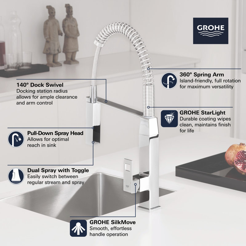 Eurocube® Pull Out Single Handle Kitchen Faucet with SilkMove® and with Accessories, StarLight Chrome