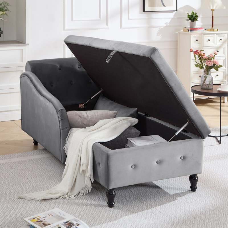 Méridienne surdimensionnée rembourrée en velours avec rangement caché L 74 po Maci, Orienté vers la gauche, Gris foncé