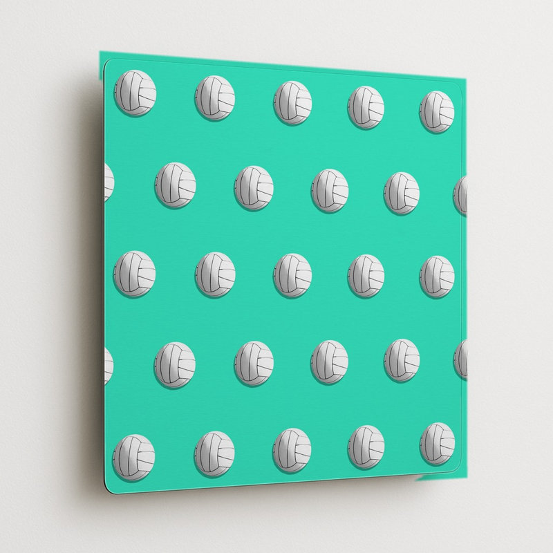 Motif de volley-ball sur fond turquoise — Décoration murale carrée en métal, 8" H x 8" W