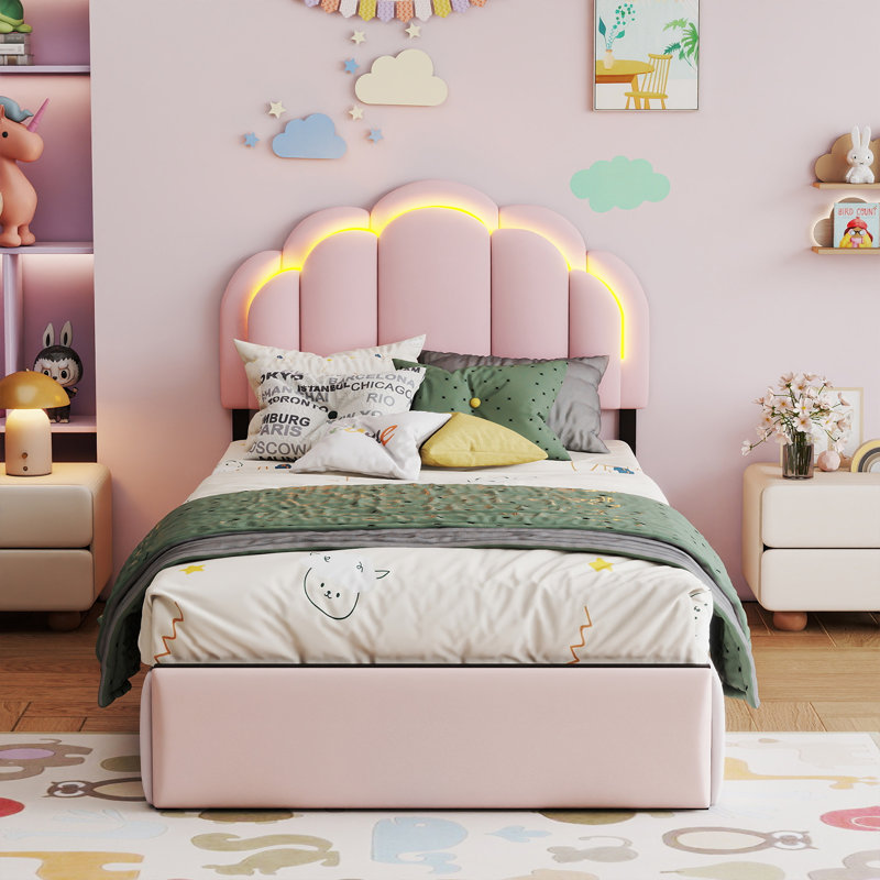 Lit rembourré à DEL avec tiroir et tête de lit à pétales, lits pour enfants, Lit simple, Rose