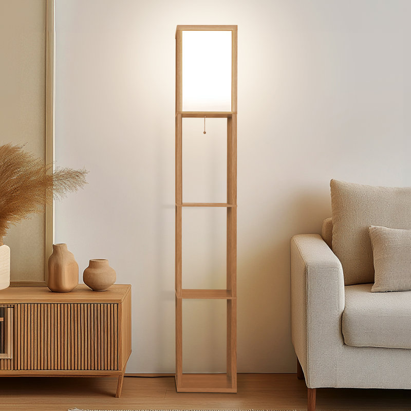 Maxwell 63 in. Modern 3-Shelf LED Floor Lamp with Fabric Square Shade, Brown