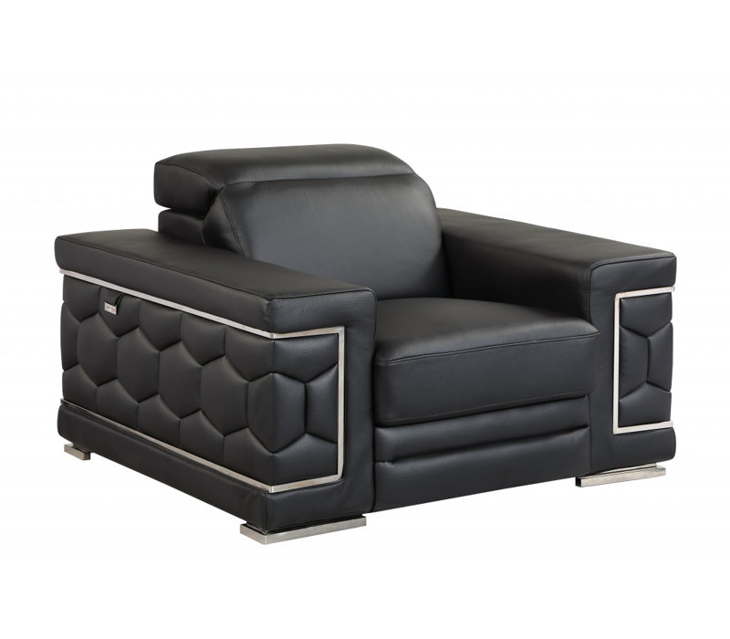 Fauteuil noir en cuir véritable avec accents argentés, Black