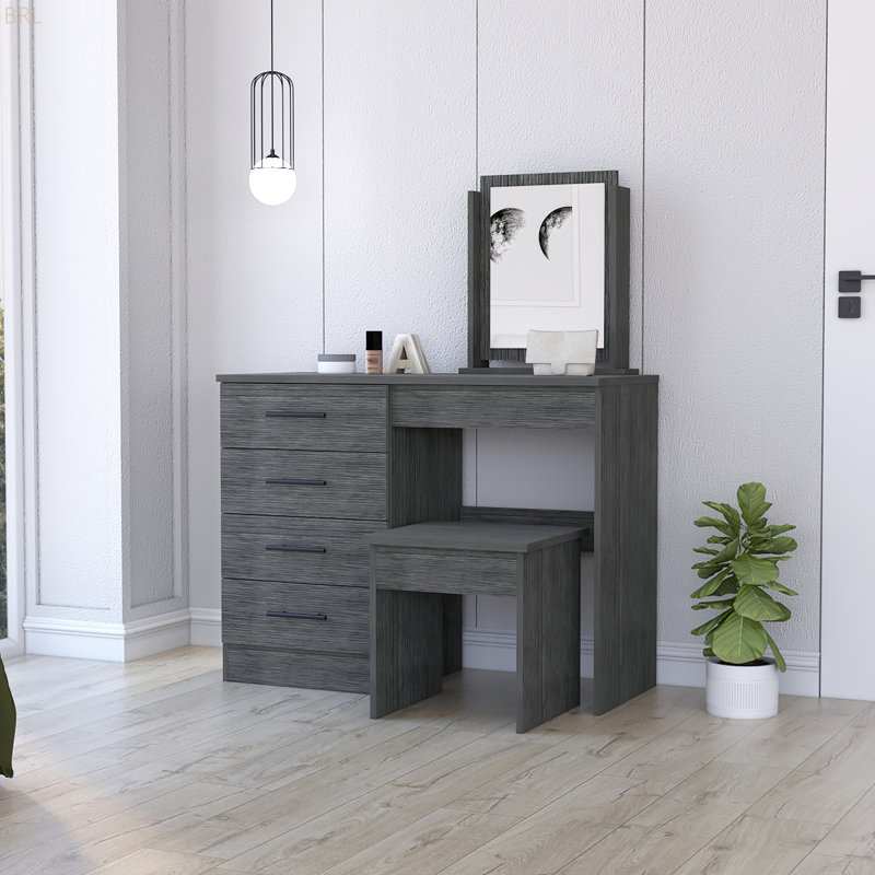 Coiffeuse, miroir, quatre tiroirs, tabouret, fumé, Gris