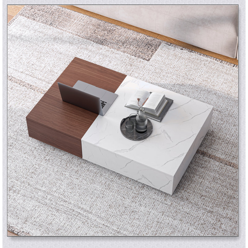 Table basse en noyer de style moderne avec deux espaces de rangement, finition en marbre et design contemporain pour des salons élégants.