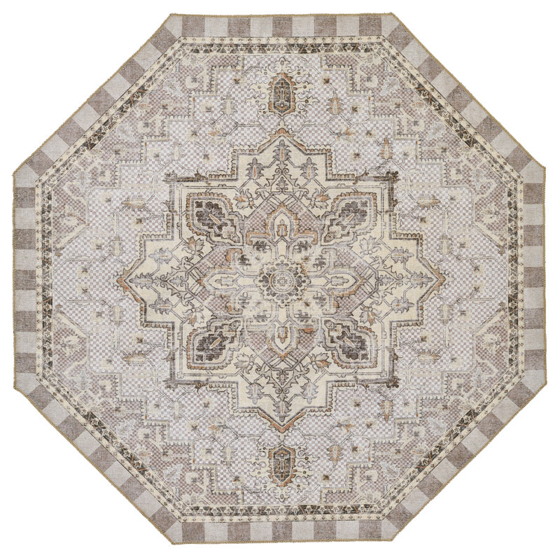 Heriz Checked Mocha Washable Rug, Octagon 6'