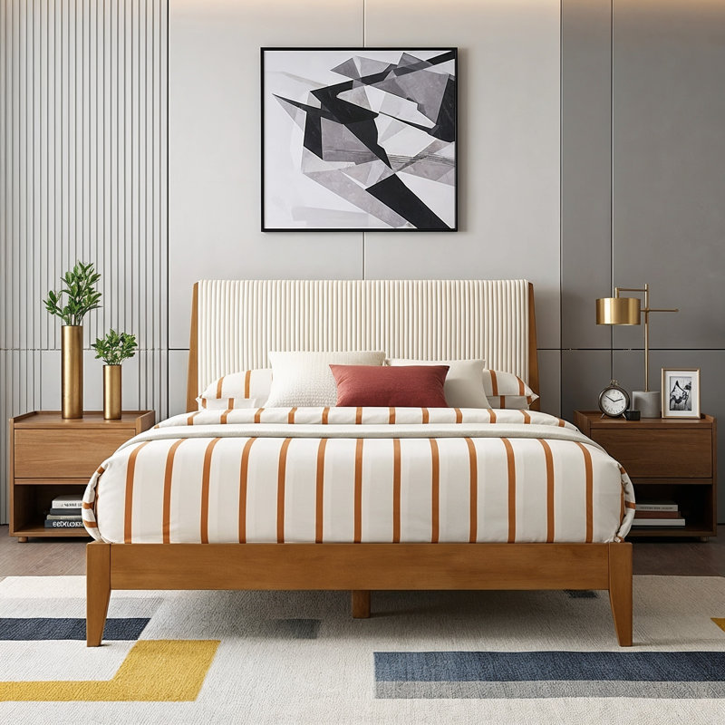 Lunaris Mid-Century Solid Wood Queen Platform Bed With Upholstered Headboard, Orange