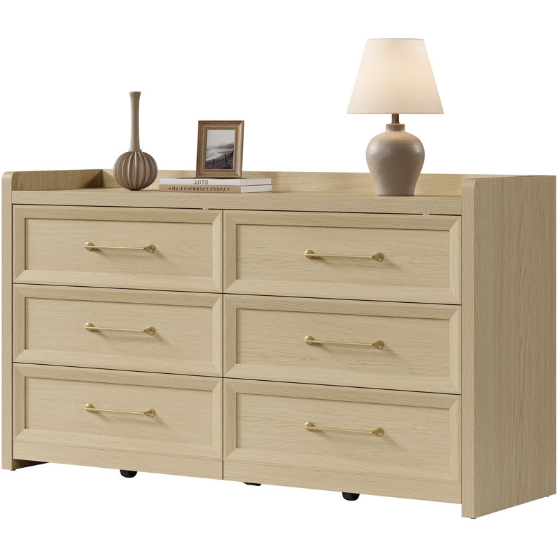 56.4"W Modern 6-Drawer Dresser, Light Oak