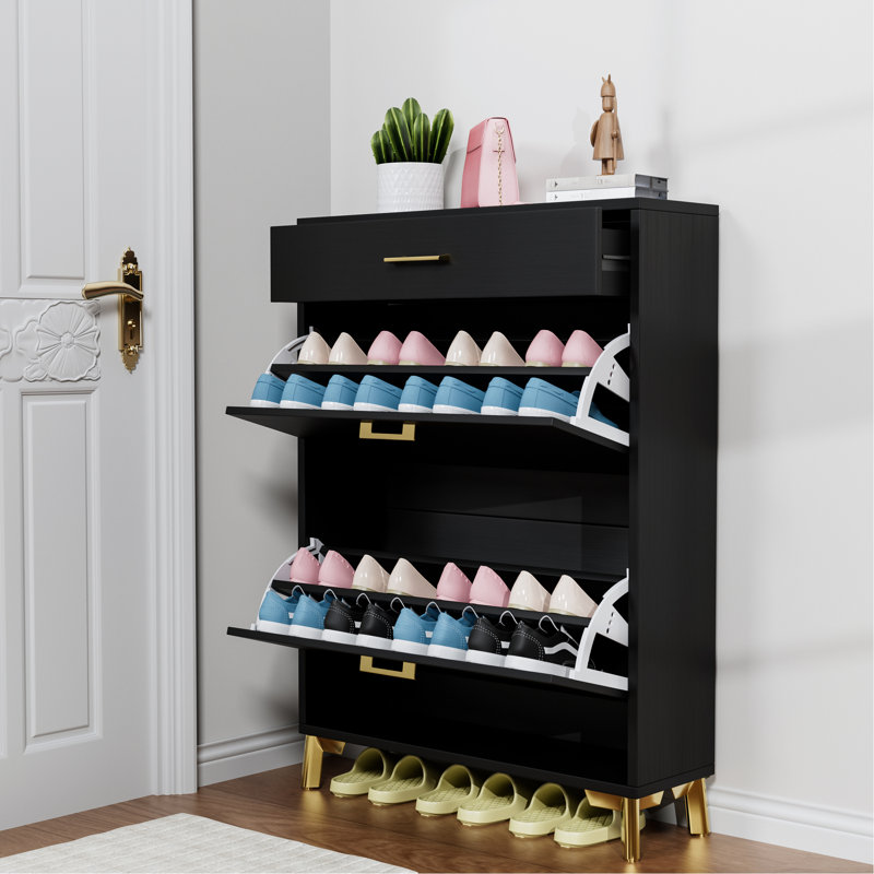Armoire à chaussures Space - 2 tiroirs rabattables, noir, solide et coffre de rangement noir, Noir