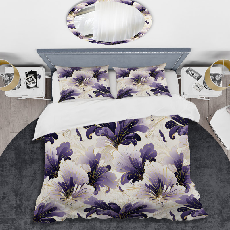 Ensemble de housse de couette damassé mauve et blanc Art Deco, Housse de couette pour très grand lit et 2 très