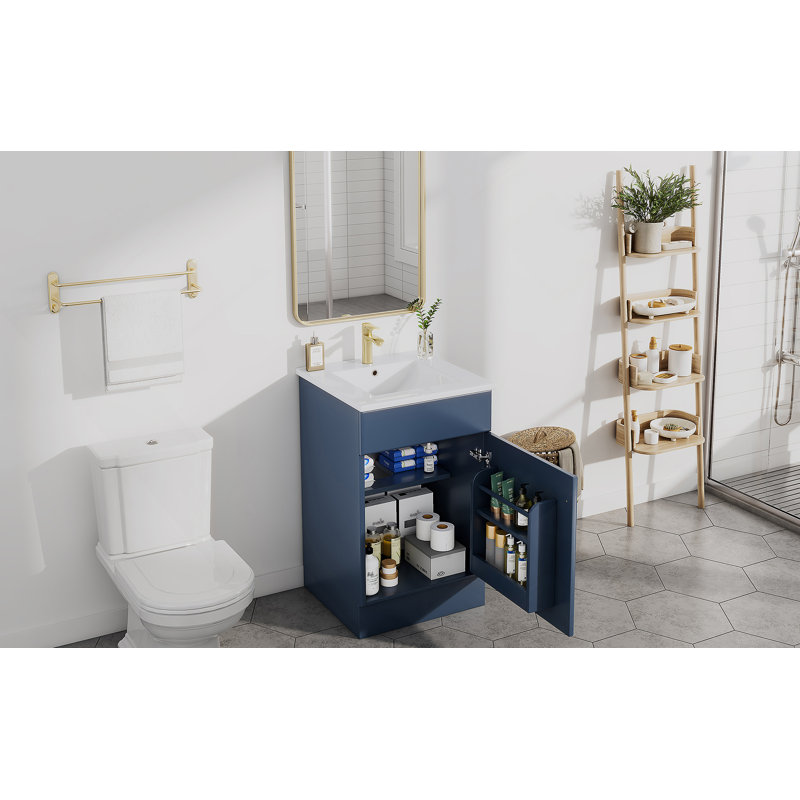 Meuble-lavabo de salle de bain avec lavabo, armoire de rangement avec tablette réglable, Bleu