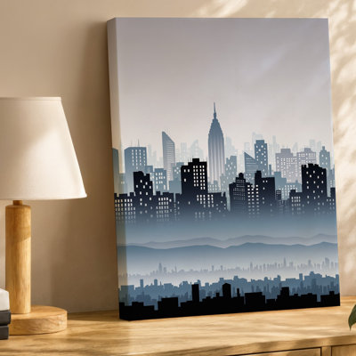 Toile «A Hazy City Skyline At Dawn» avec une silhouette d'art mural