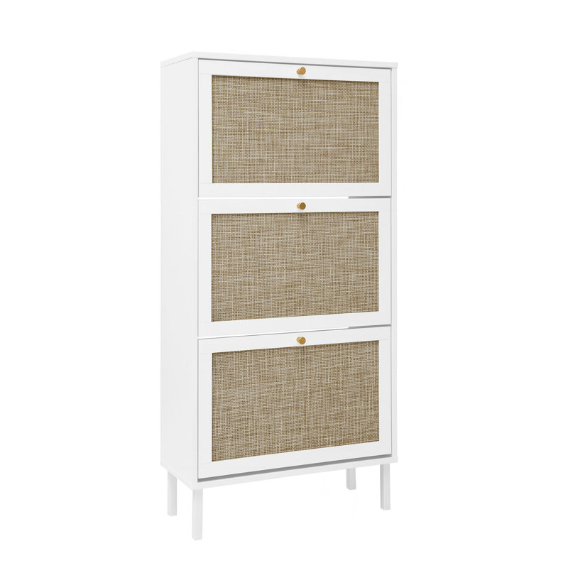 Étagère à chaussures en rotin 3 portes, armoire de rangement pour chaussures moderne autoportante, pour vestibule, Blanc