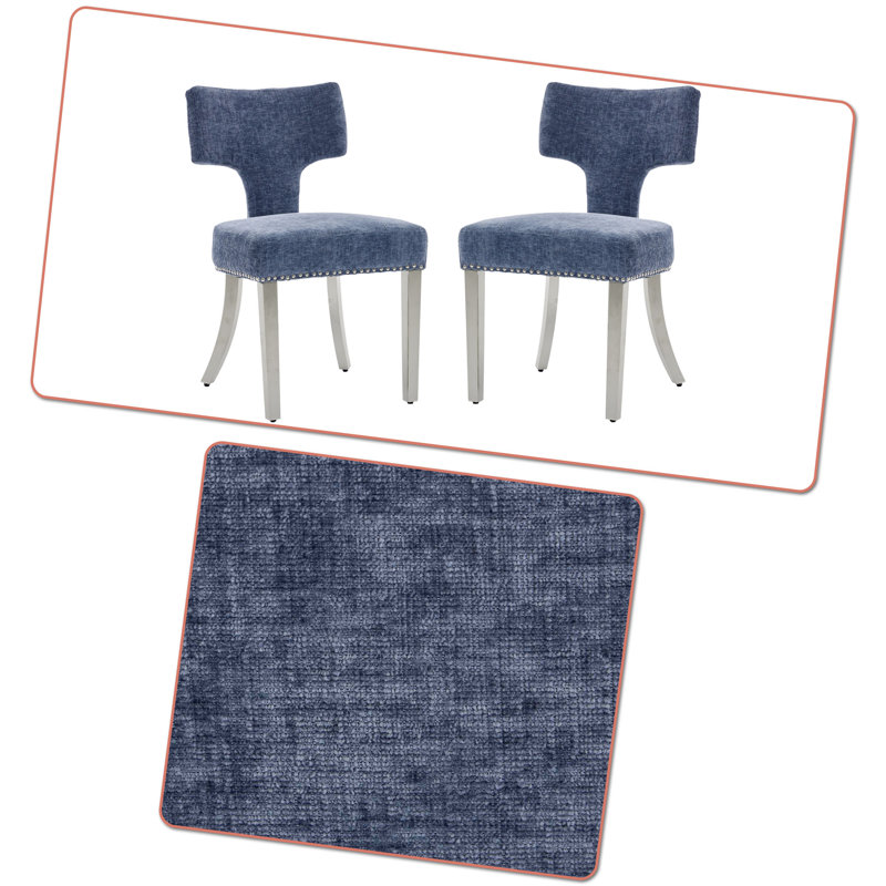 Ensemble rétro de deux chaises de salle à manger rembourrées avec patins réglables, Bleu, Argent argent