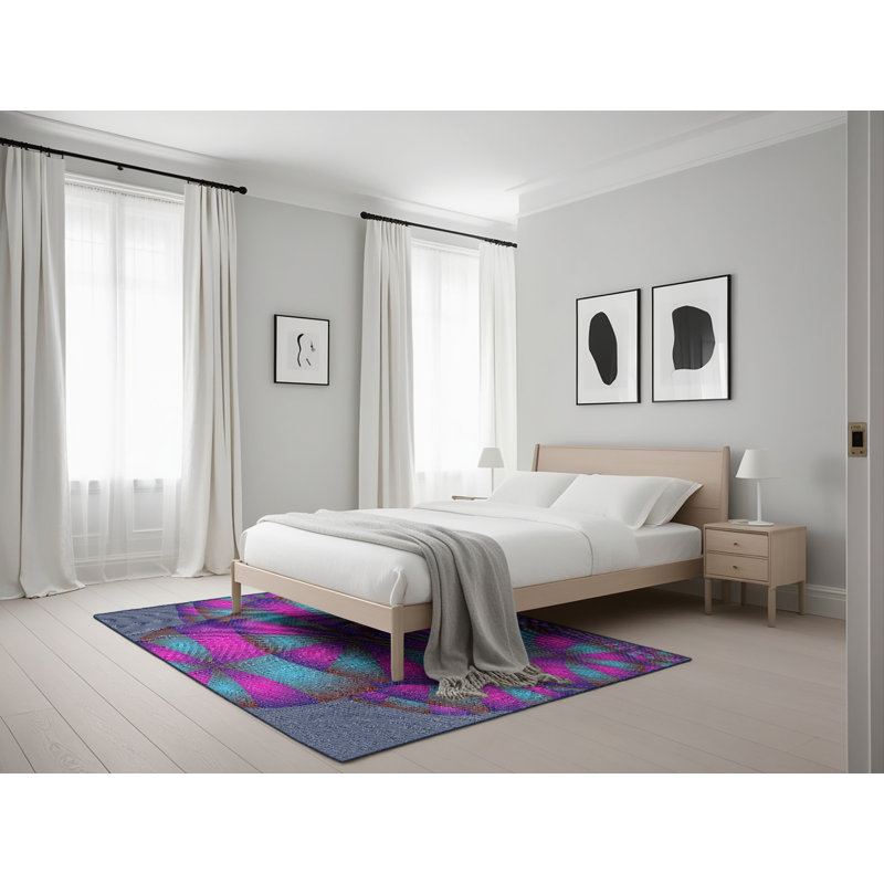 Tapis bleu rose/aqua tissée à la machine, Rectangle 5 pi x 7 pi