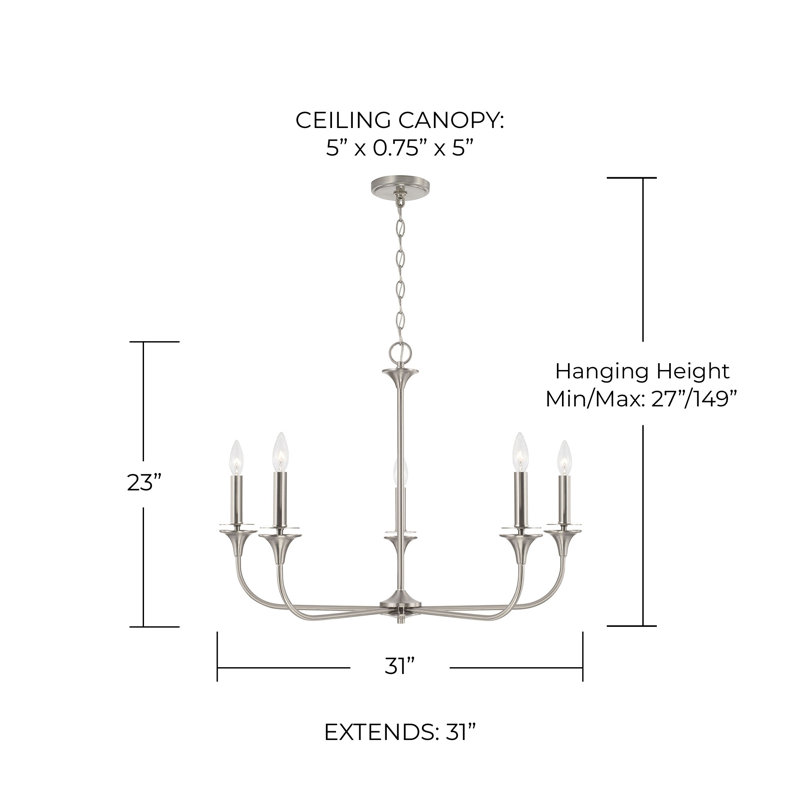Lustre classique à 5 lumières de style bougie Kirtus, Nickel brossé