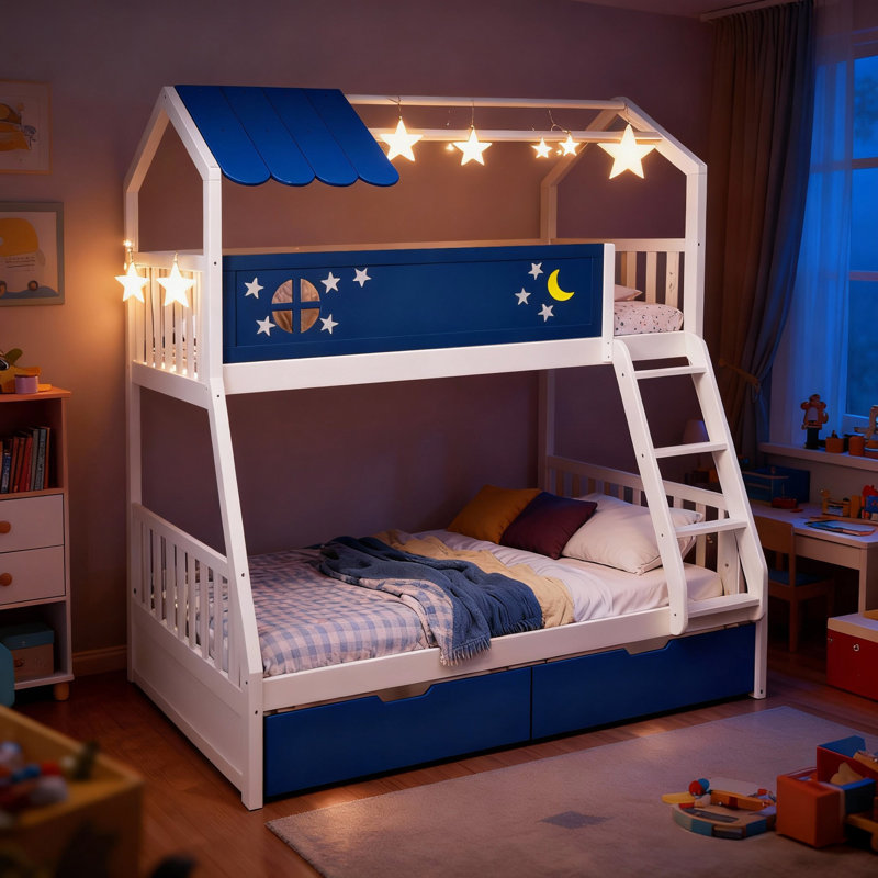 Arozu Twin Over Full Bunk Bed, Wooden Kids Bed with Night Sky Shaped with Guard Rail and Ladder, Pine Wood 2 Storage Drawers, Extra Stickers Gifted, Safety, Non Toxic, Navy Blue & White.