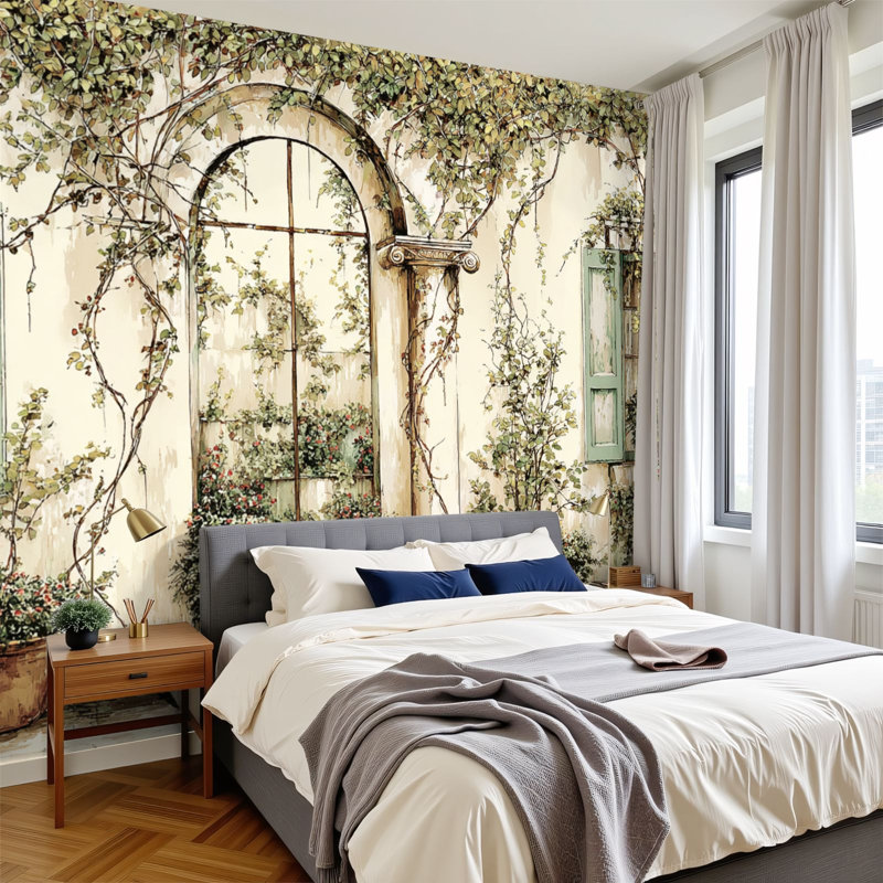 Papier peint adhésif pelez et collez Peaceful Stone Garden Sunlit Greenery Walls, L 144 po x l 100 po