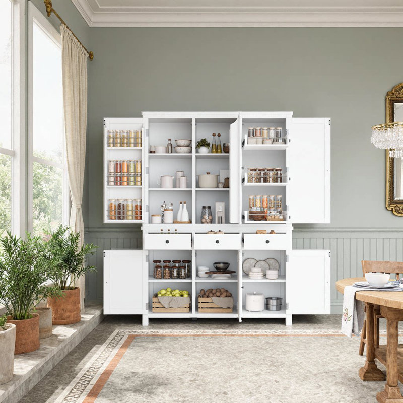 Armoire de cuisine surdimensionnée autoportante avec 6 portes réglables et plateaux coulissants, Blanc