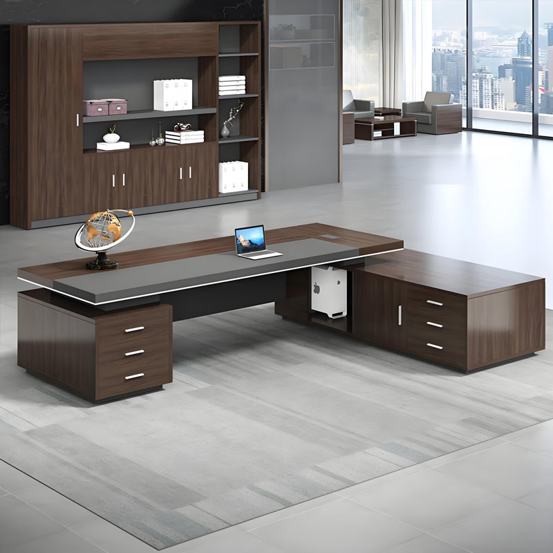 Bureau de direction 94,49 "en L brun, 6 tiroirs, H 29,53 po x l 94,49 po x P 70,87 po