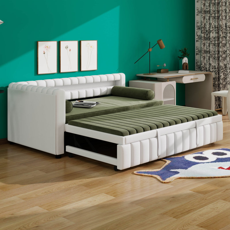 Lit de jour rembourré avec lit gigogne escamotable, canapé-lit avec dossier en L, lumières DEL, USB, White