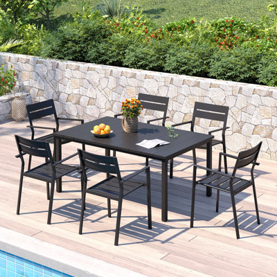 Rectangular Outdoor Dining Set wth 63" Metal Dining Table and 6 Armrest Dining Chairs by Latitude Run