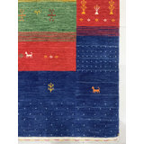 Blue Hand-Knotted Wool Striped Animal Parade Geometric Modern Contemporary Carpet Rug