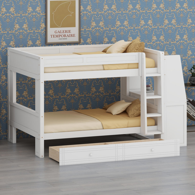 Système de lit superposé tout-en-un avec bureau dédié, présentoirs à livres et compartiments de rangement cachés, Blanc
