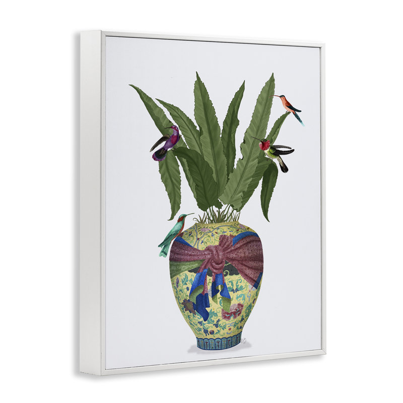 Oiseaux traditionnels sur pot à fleurs, estampe numérique par Fab Funky, Giclée encadrée blanc bord de mer, H 14 po x l 11 po