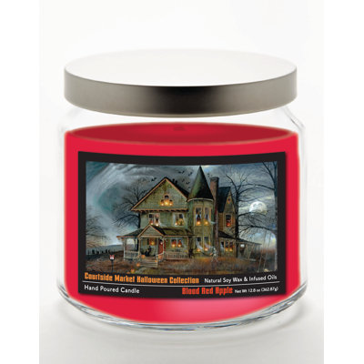 Bougie en pot de verre de 400 g (14 oz) « Maison hantée » avec couvercle en métal argenté brossé